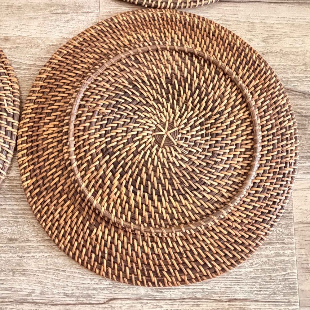 Set of 4 Round Woven Rattan Charger Plates 13" Brown Boho Table Mats MCM - Picture 12 of 15
